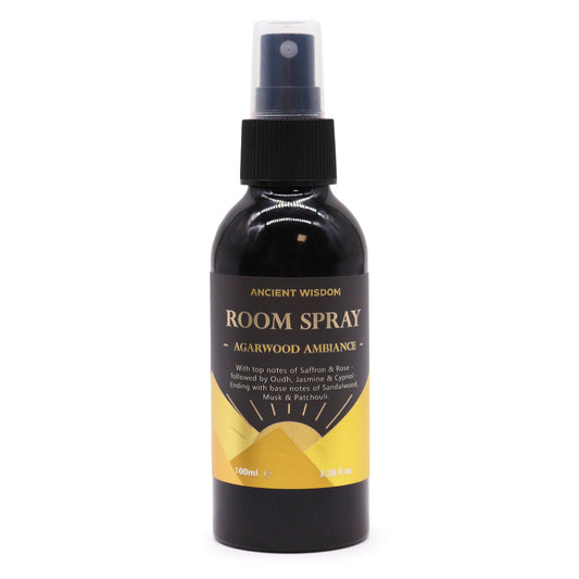 Elegant 100ml room spray bottle containing agarwood ambiance fragrance with notes of saffron and rose.