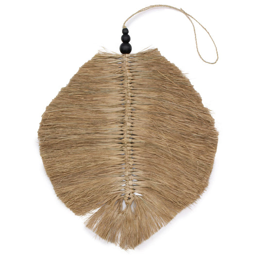 Large decorative hanging raffia leaf in a natural finish, featuring intricate woven textures for bohemian wall decor.