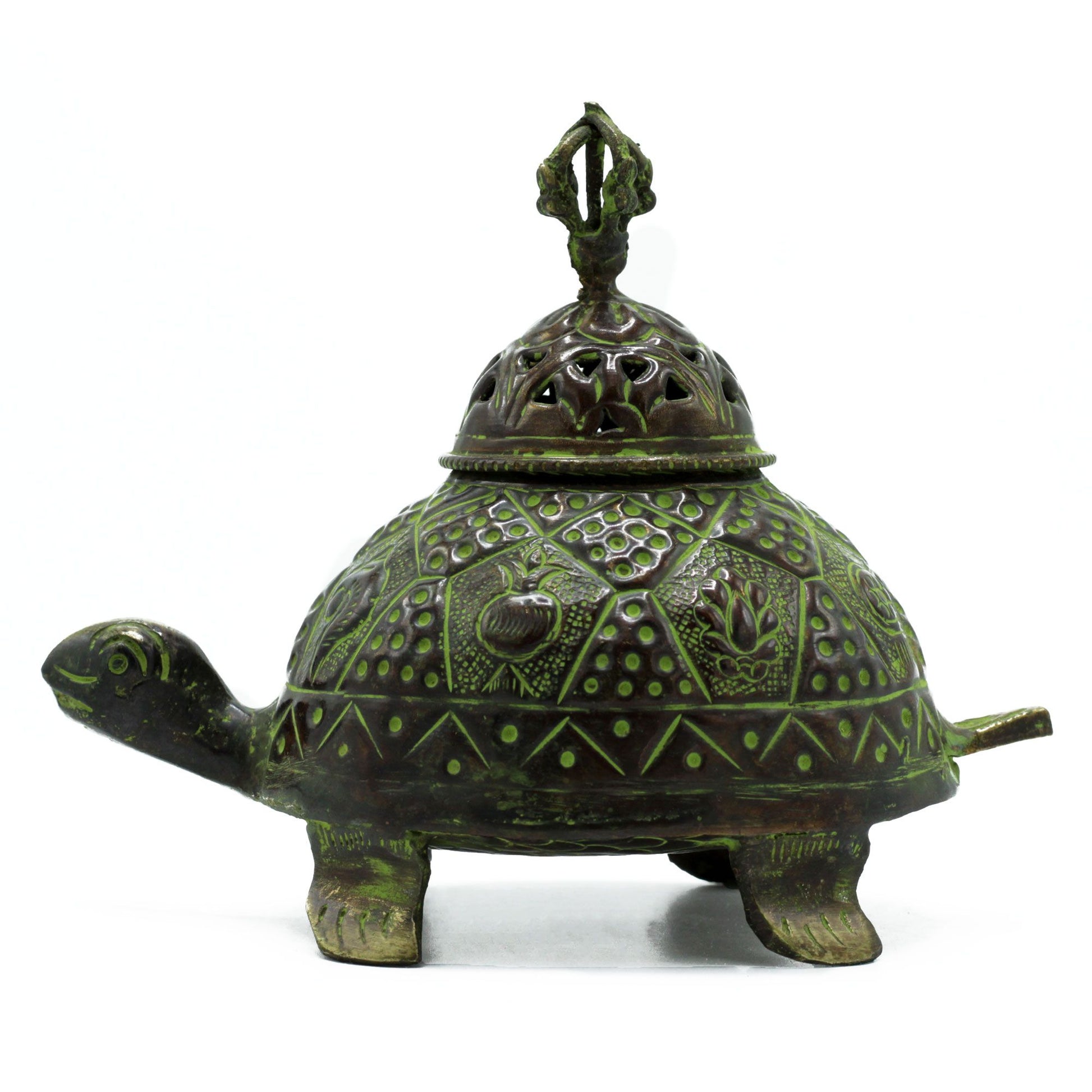 Large handcrafted brass incense holder featuring a detailed turtle design with a green verdigris finish.