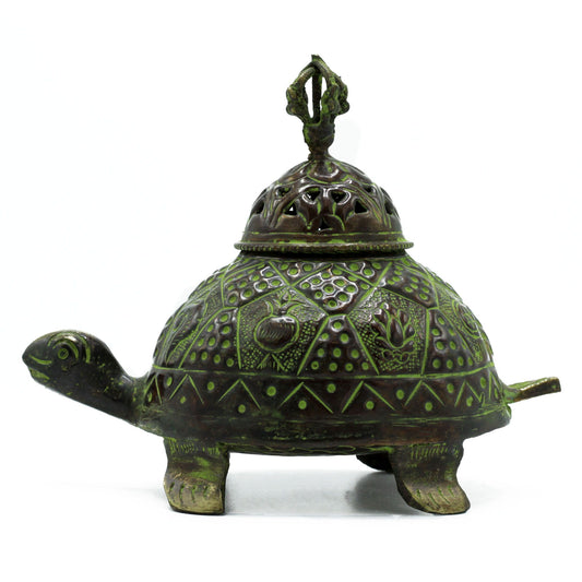 Large handcrafted brass incense holder featuring a detailed turtle design with a green verdigris finish.