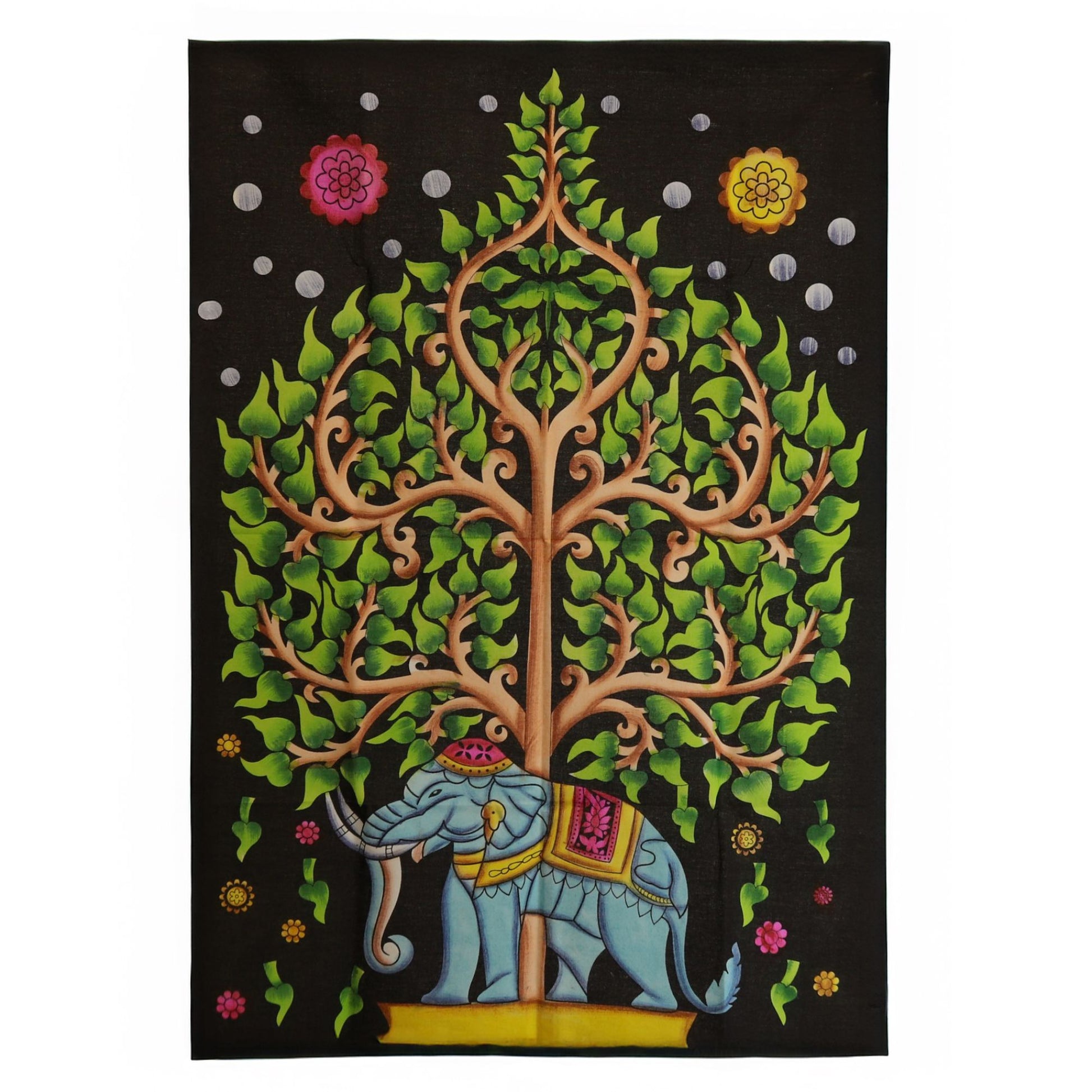 Detailed Tree of Life cotton wall hanging with a decorated elephant in vibrant green and soft blue tones.