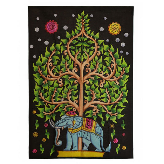 Detailed Tree of Life cotton wall hanging with a decorated elephant in vibrant green and soft blue tones.