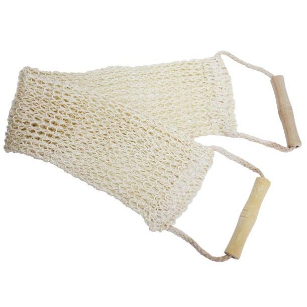 Long natural jute back scrub with durable woven texture and sturdy handles for easy exfoliation in the bath or shower.