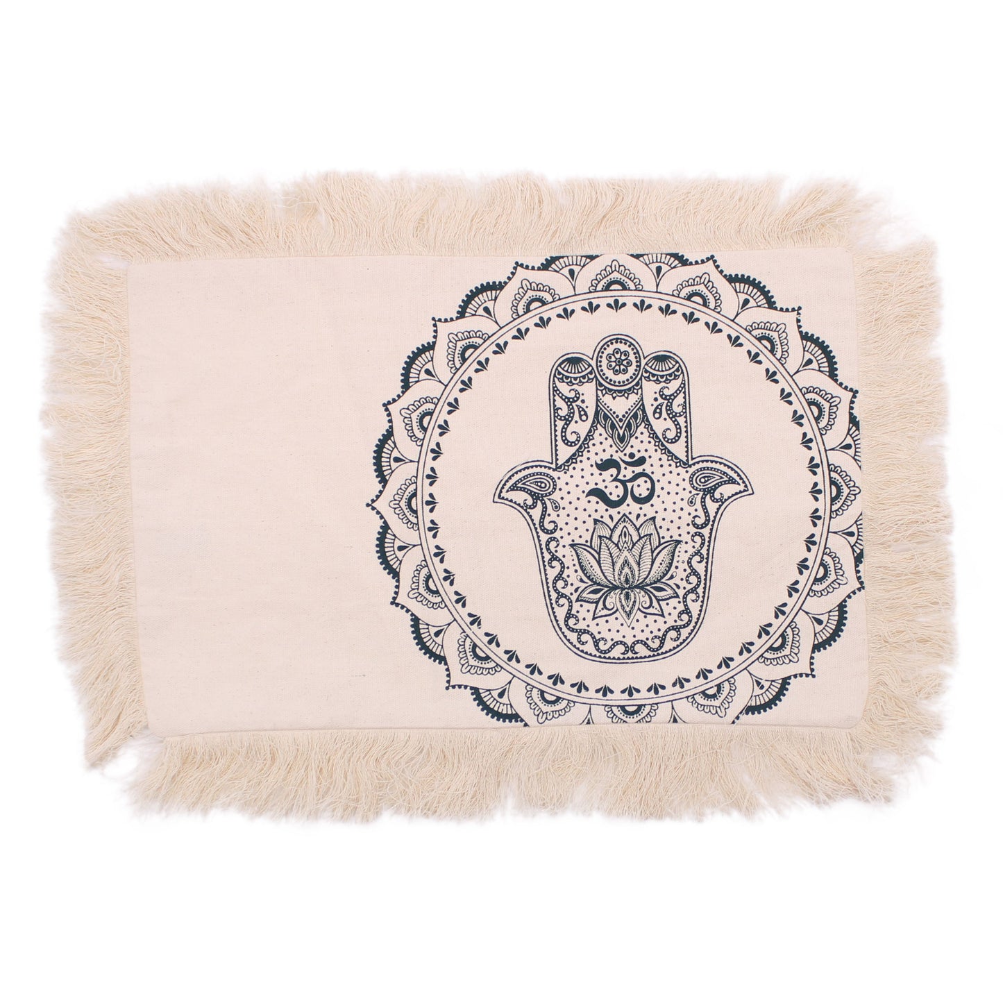 Rectangular green cushion cover featuring an intricate white Hamsa hand and mandala pattern design.