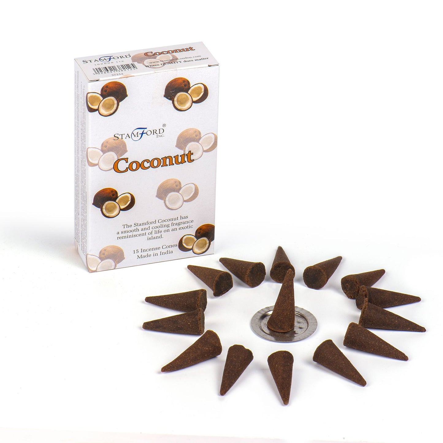 A pile of dark brown conical incense cones with a tropical coconut scent.