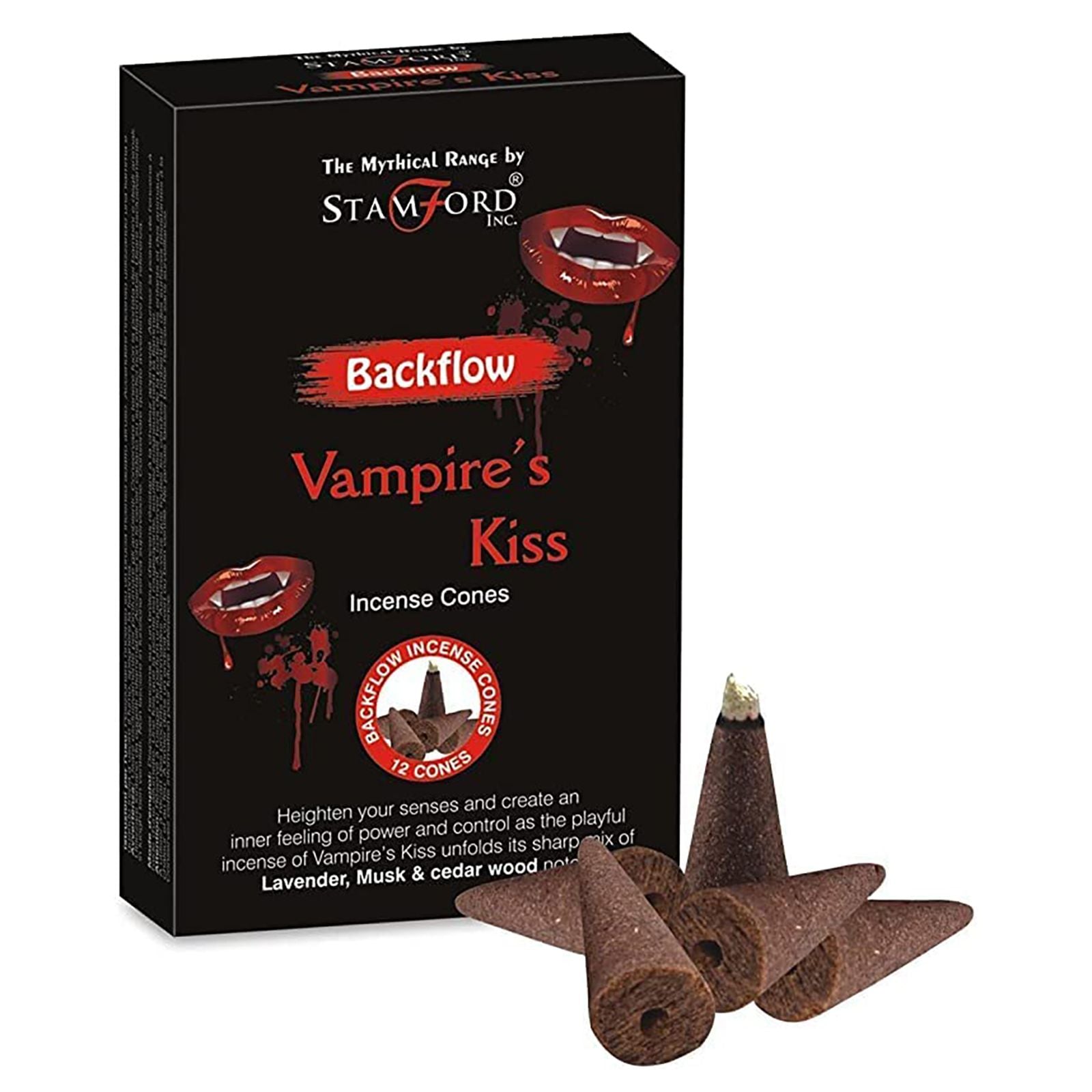 Deep red and black backflow incense cones beside a decorative mythical box with gothic vampire artwork.