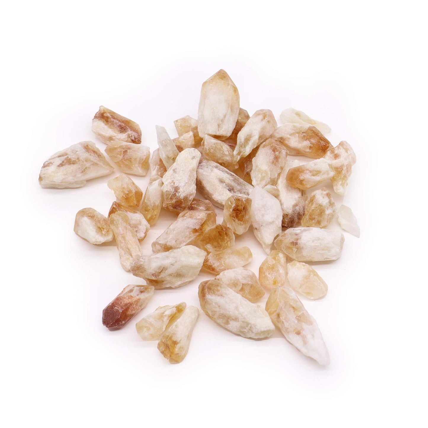 A collection of natural unpolished golden citrine crystal points showing unique rough textures and sunshine yellow hues.