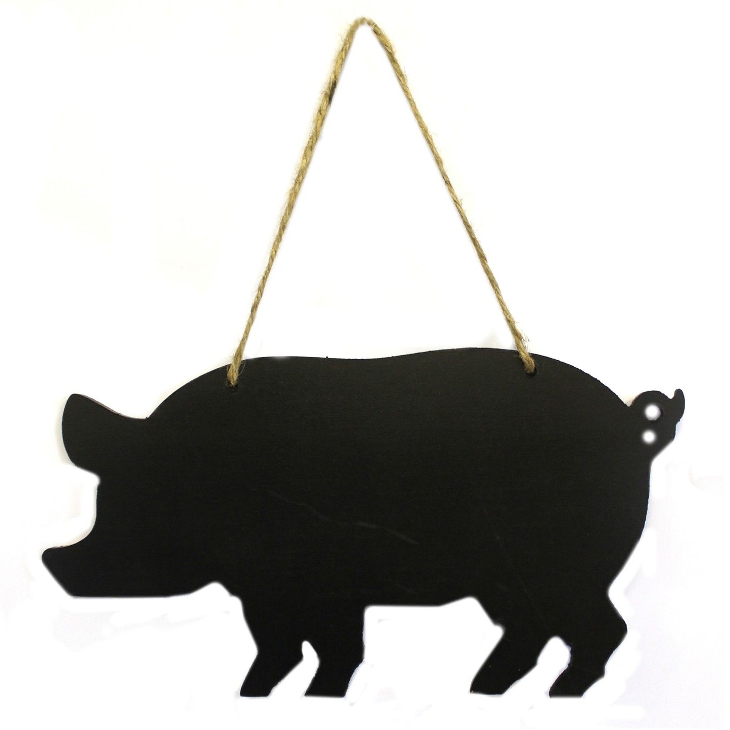 Handcrafted pig-shaped wooden chalkboard with a smooth black finish and rustic hanging twine.