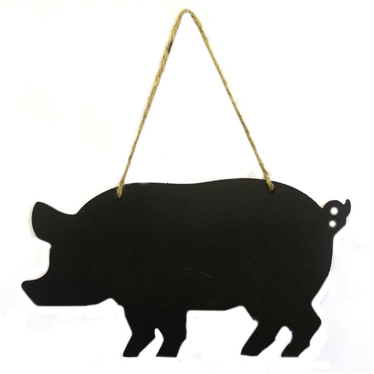 Handcrafted pig-shaped wooden chalkboard with a smooth black finish and rustic hanging twine.