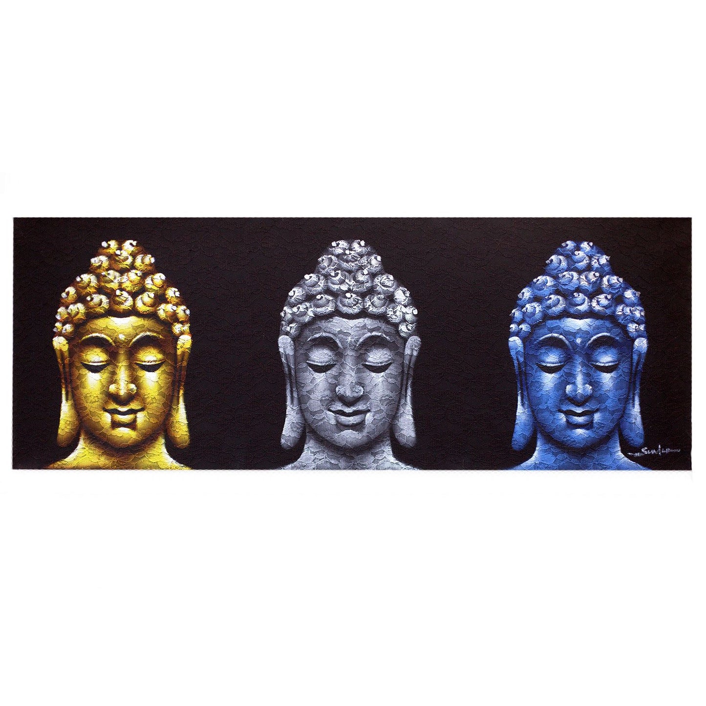 Hand-painted black Buddha painting featuring three serene heads on a high-quality canvas with a wooden frame.