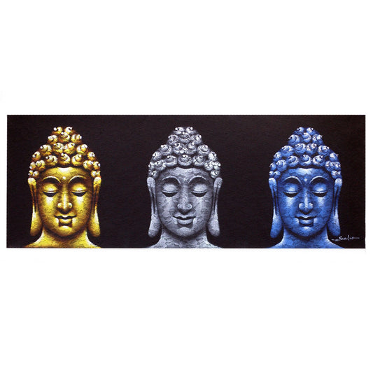 Hand-painted black Buddha painting featuring three serene heads on a high-quality canvas with a wooden frame.