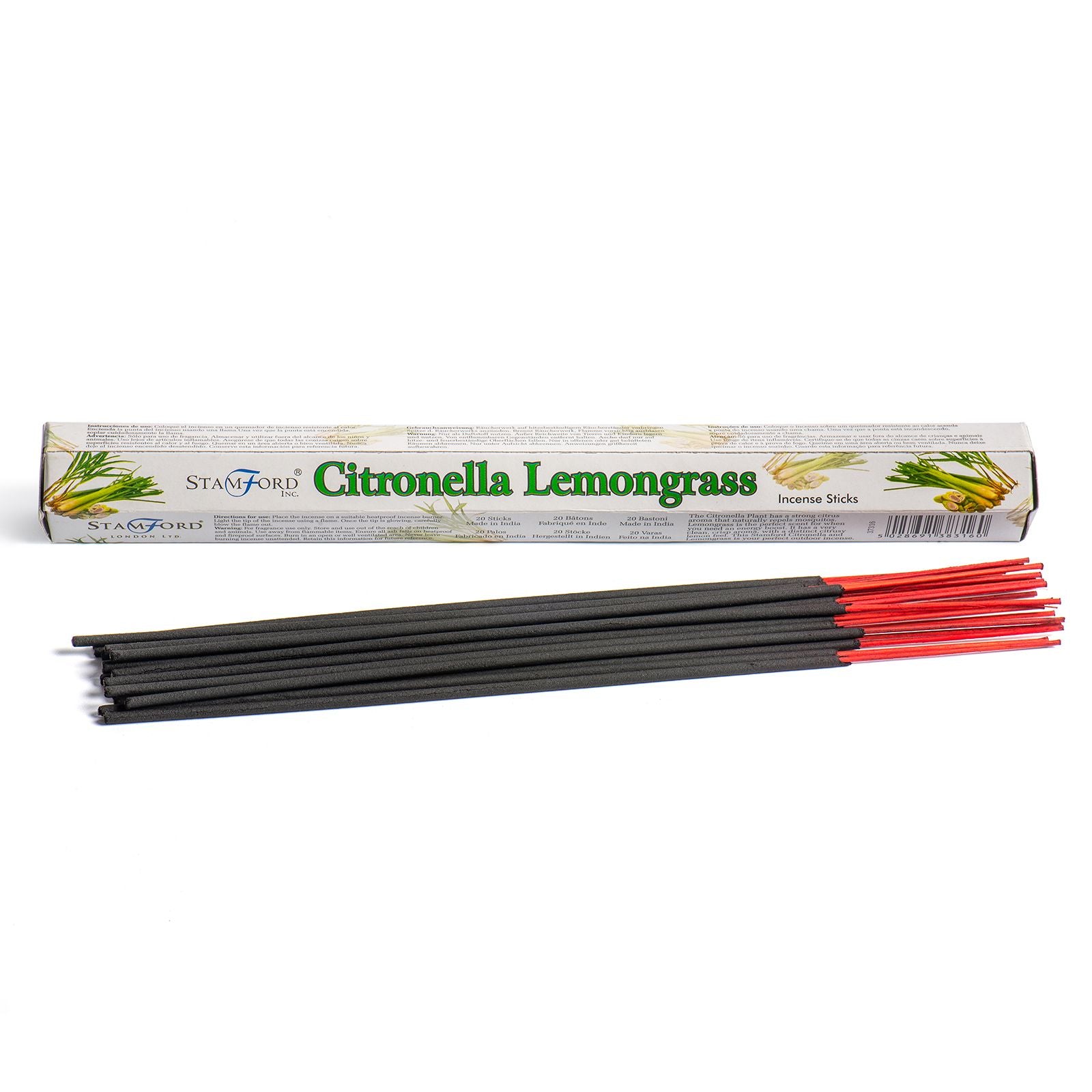 A pack of premium incense sticks featuring a refreshing citronella and lemongrass scent in a hexagonal box.