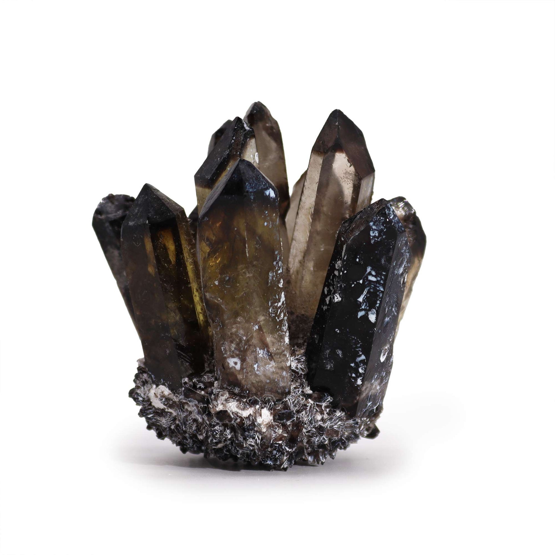 Natural smoky quartz crystal cluster featuring dark translucent points and mysterious ghost-like phantom inclusions.