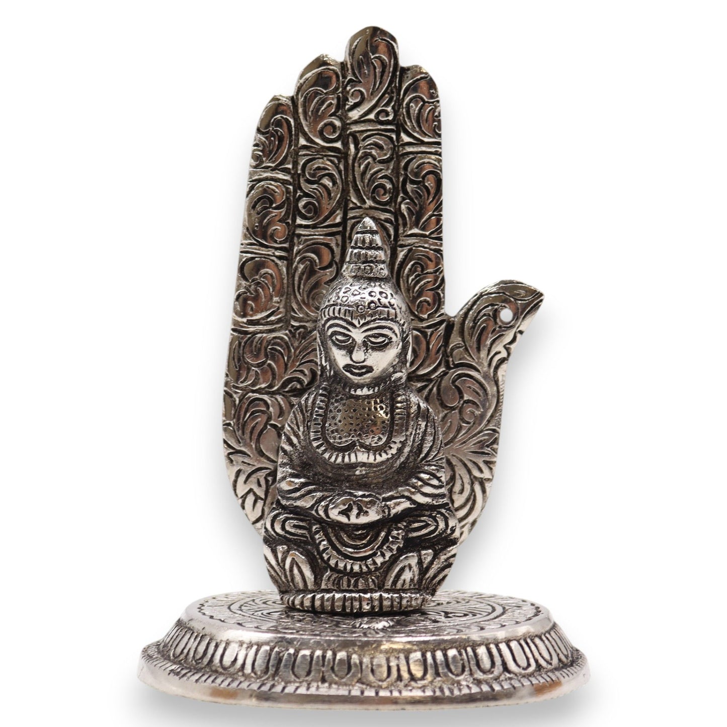 Handcrafted silver aluminium incense holder shaped like a Buddha hand holding an incense stick for meditation.
