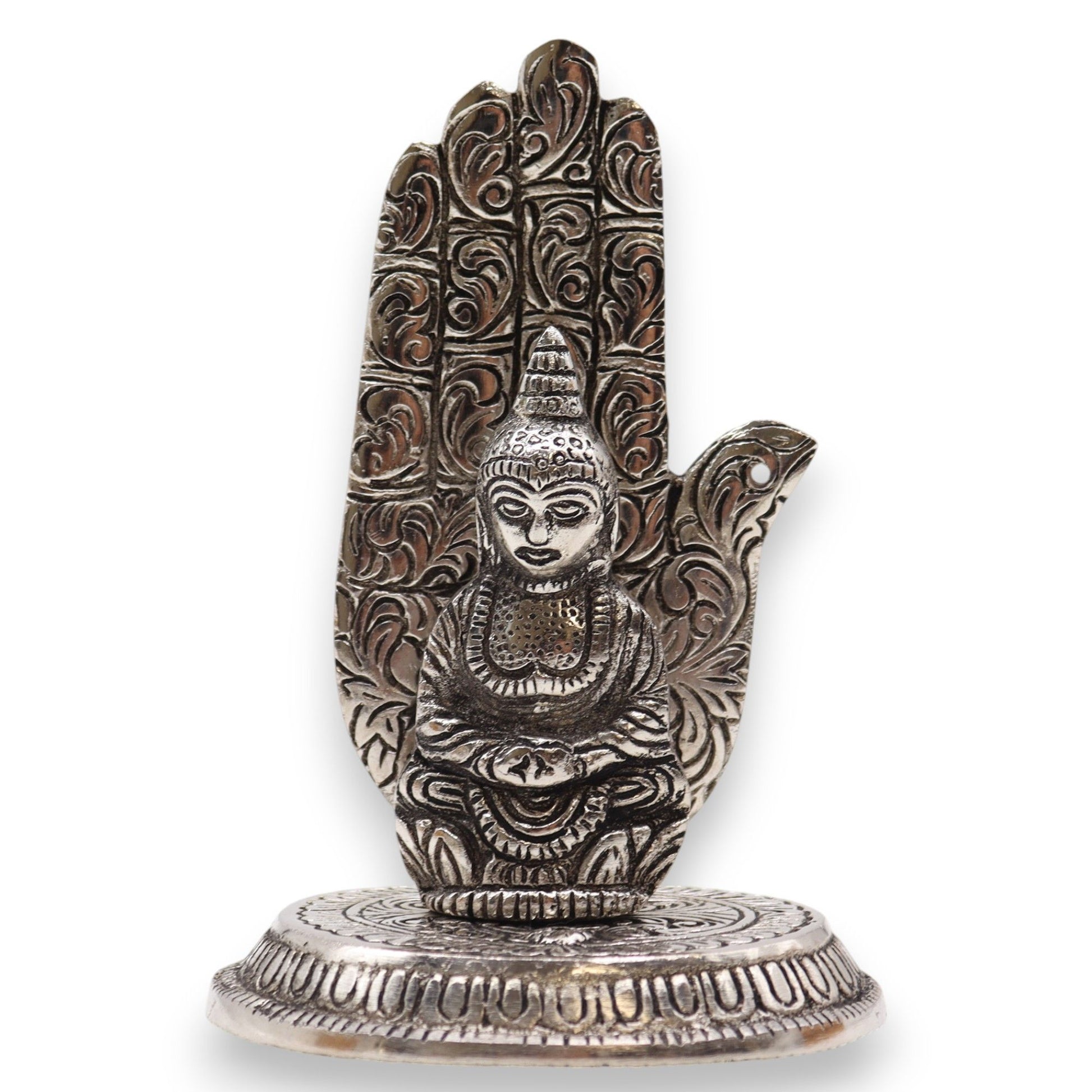 Handcrafted silver aluminium incense holder shaped like a Buddha hand holding an incense stick for meditation.