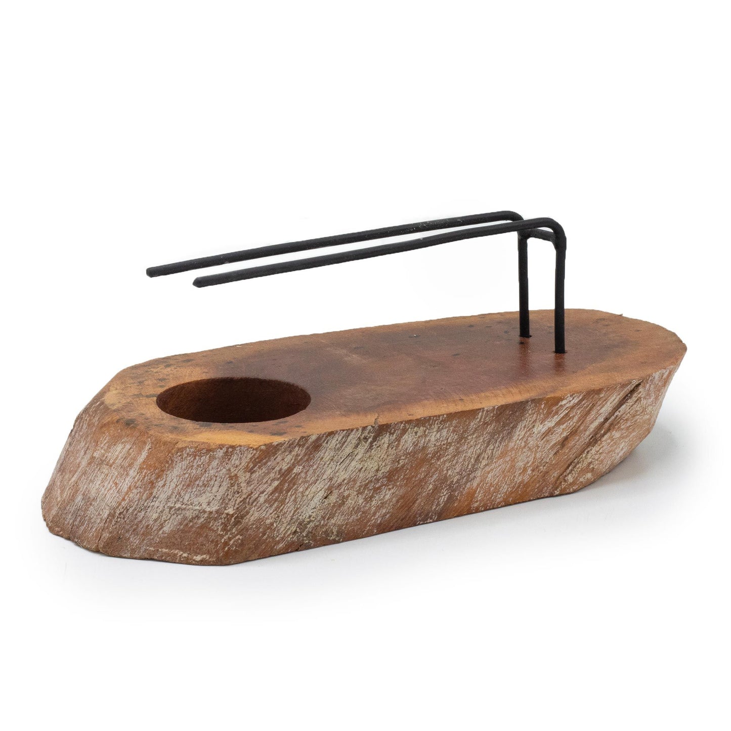 Hand-carved whitewash gamel wood heater for Palo Santo sticks with a rustic artisanal finish and decorative cut-outs.