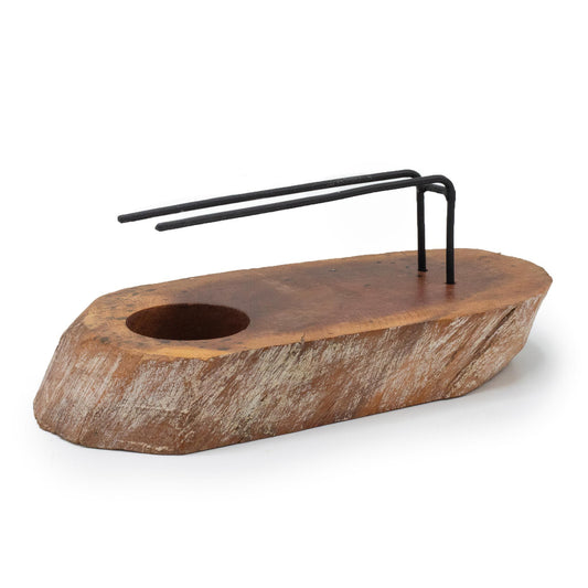 Hand-carved whitewash gamel wood heater for Palo Santo sticks with a rustic artisanal finish and decorative cut-outs.