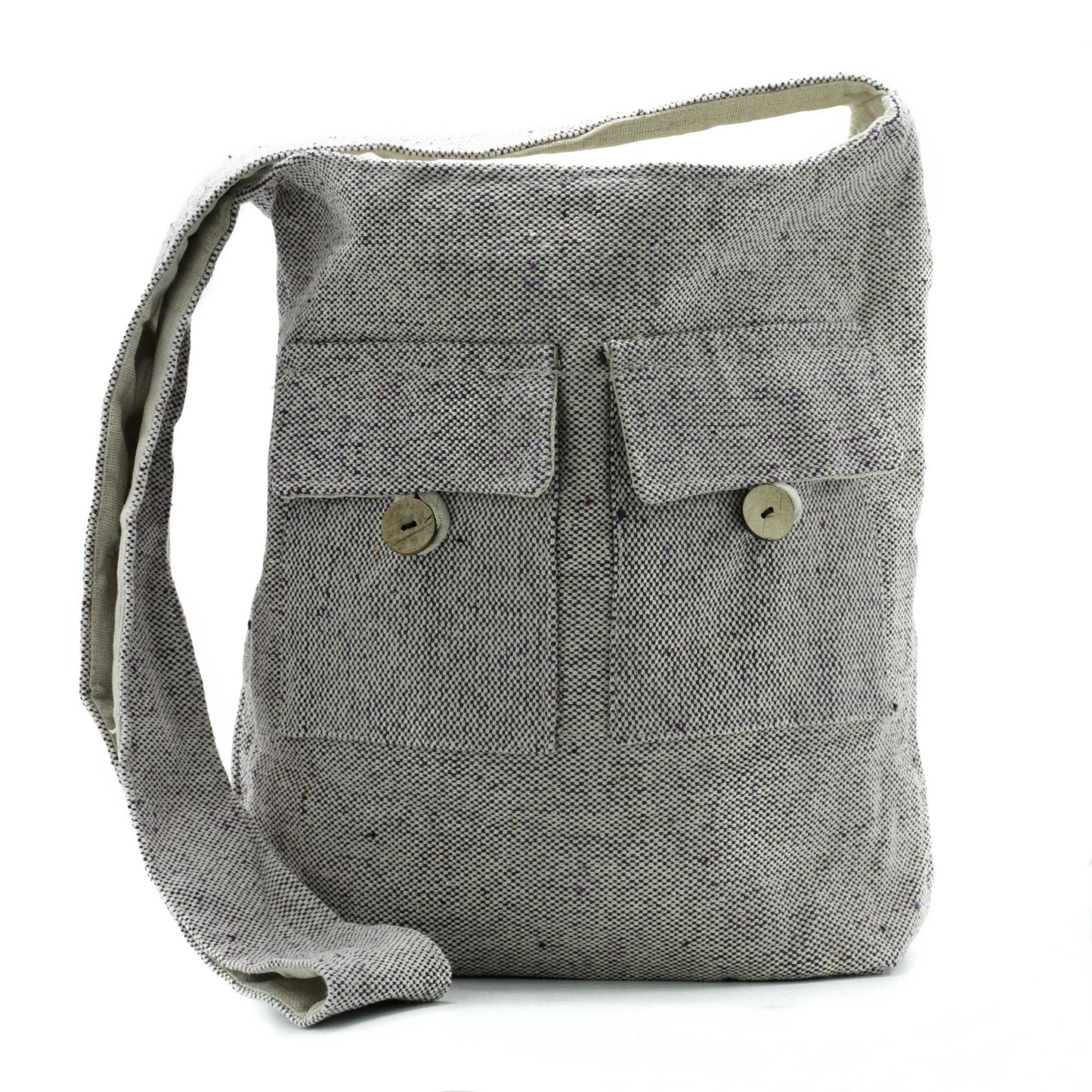 Large lavender purple cotton canvas tote bag with two front pockets and sturdy shoulder straps.