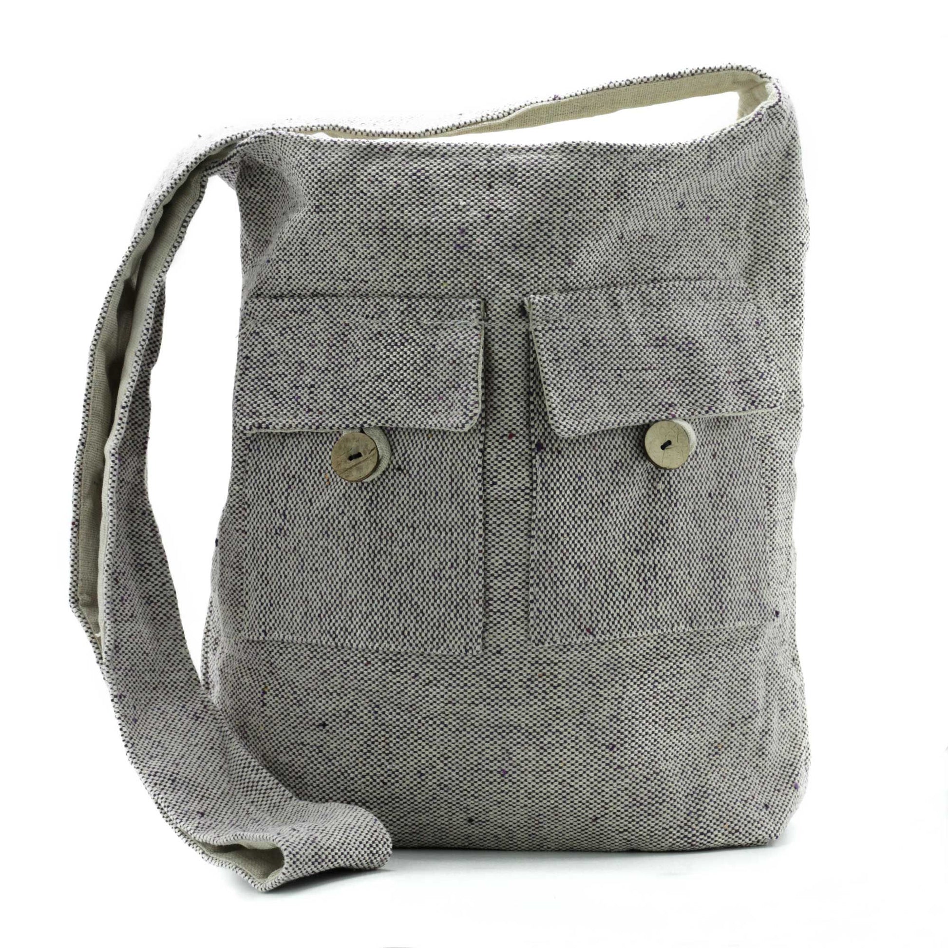 Large lavender purple cotton canvas tote bag with two front pockets and sturdy shoulder straps.