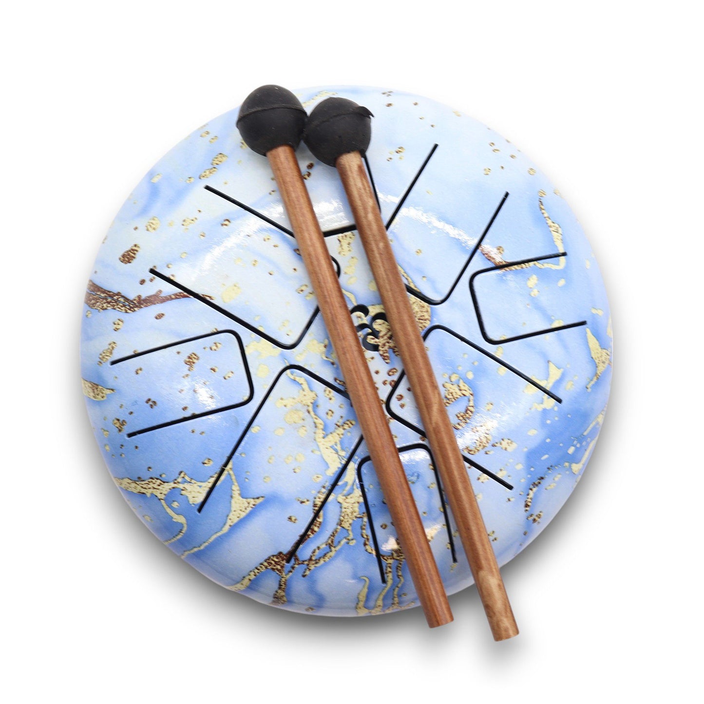 Serene blue sky steel tongue drum featuring a white OM symbol and circular note tongues on a 18cm frame.