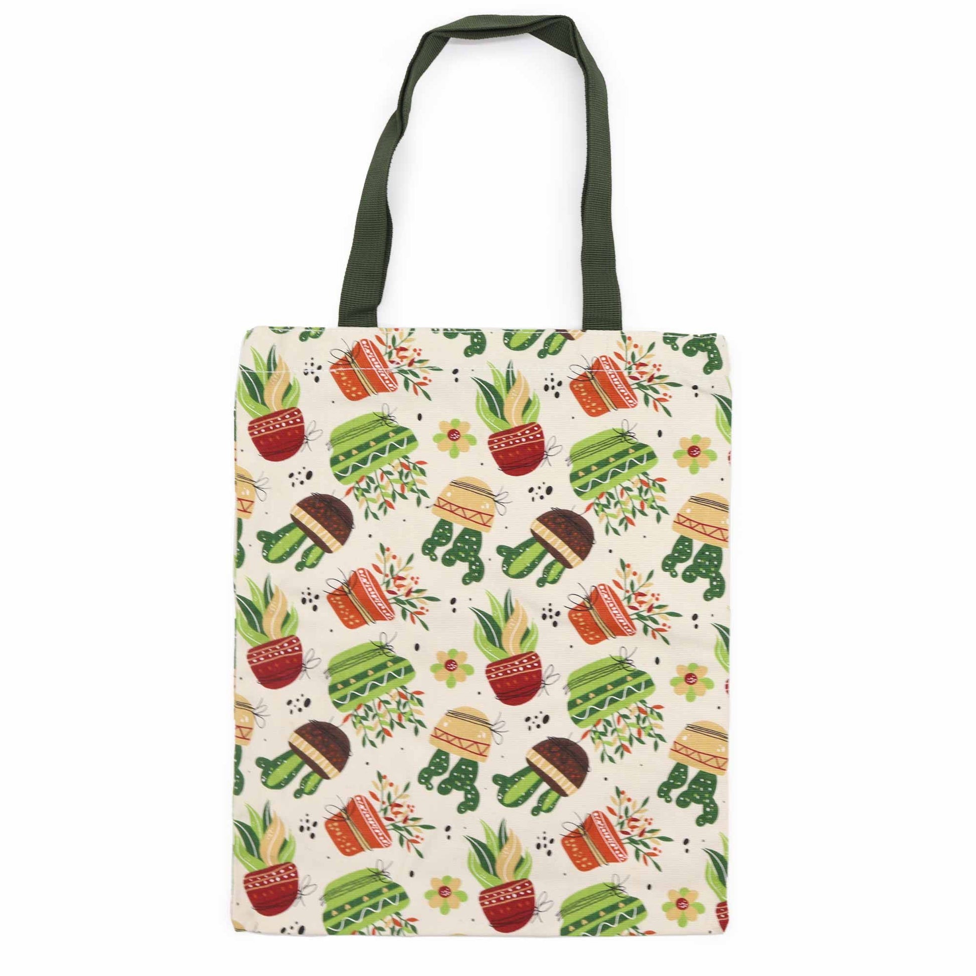 Classic tote bag with a vibrant cactus pattern, featuring a secure top zipper and sturdy shoulder straps.