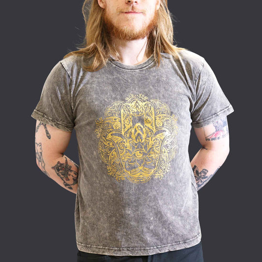 Large dark grey stone washed t-shirt featuring a central Hamsa hand symbol in a bohemian nomad style.