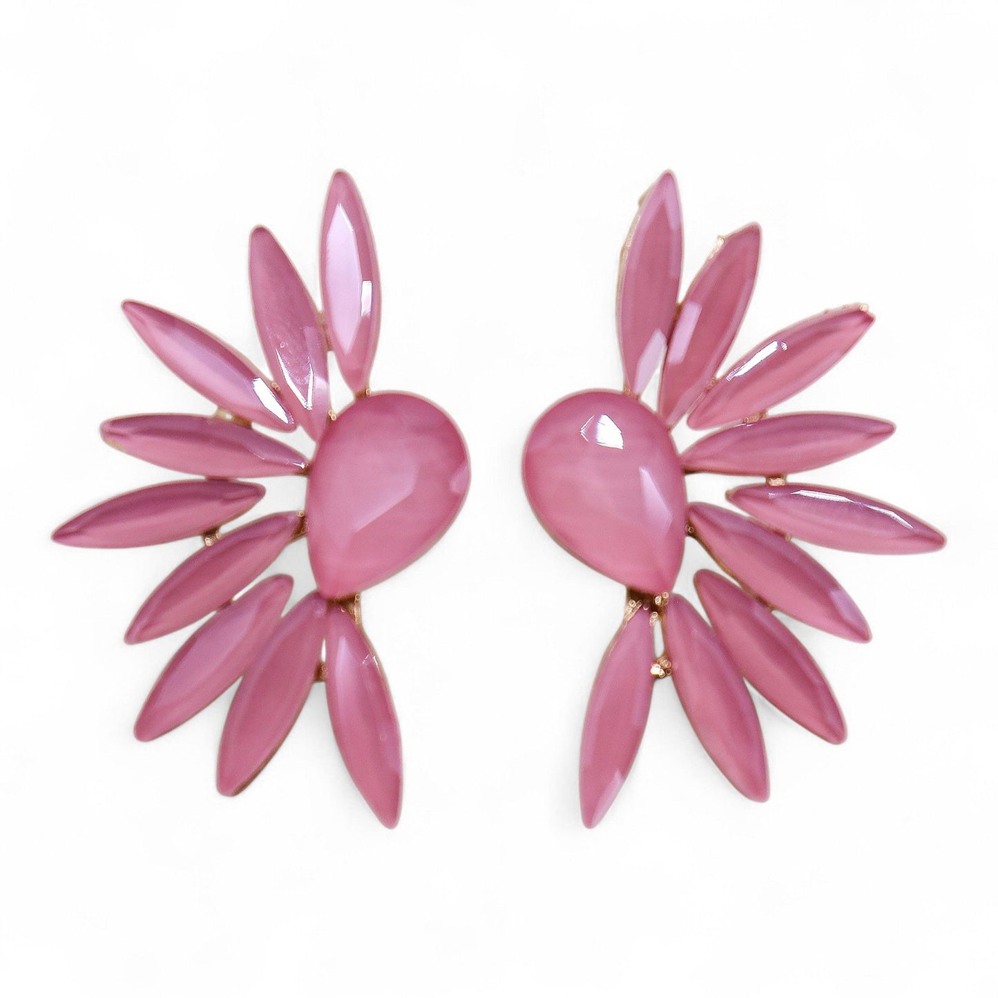 Delicate soft pink vintage glass earrings in the shape of angel wings with stainless steel hooks.