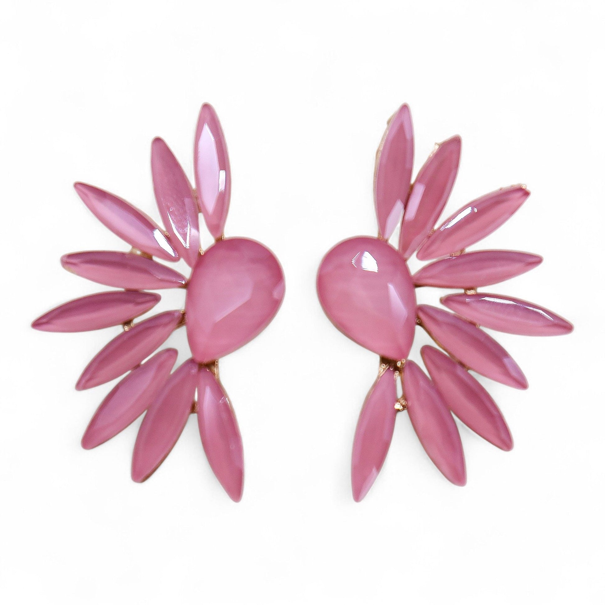 Delicate soft pink vintage glass earrings in the shape of angel wings with stainless steel hooks.