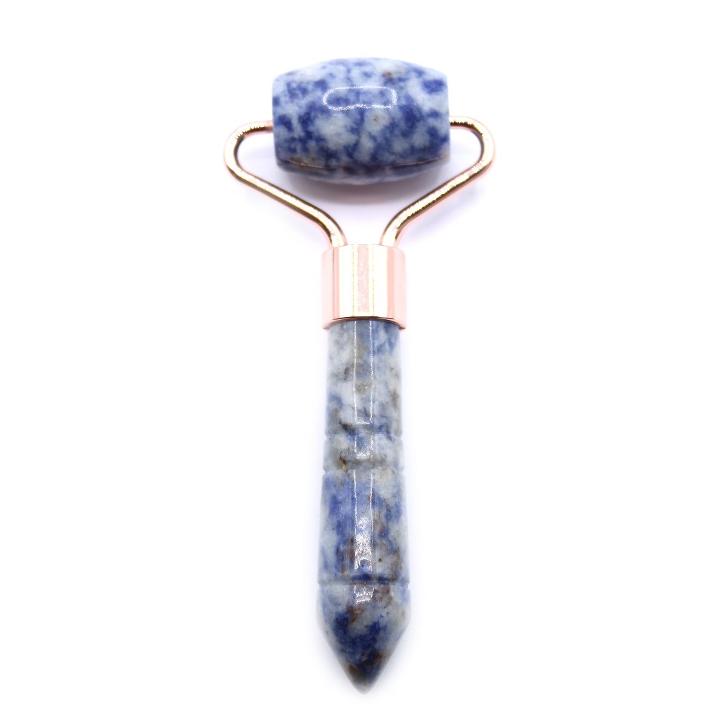 Small blue sodalite gemstone face roller with a silver-toned metal frame on a white background.