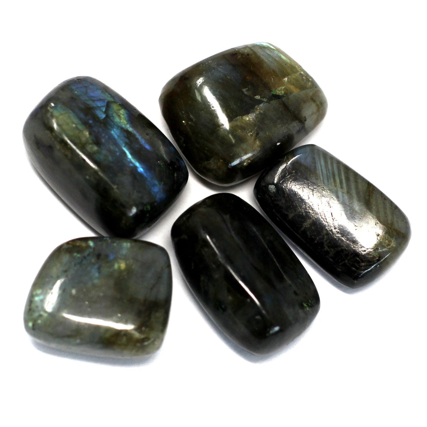 Smooth, highly polished premium labradorite tumble stone showing iridescent flashes of blue and green light.