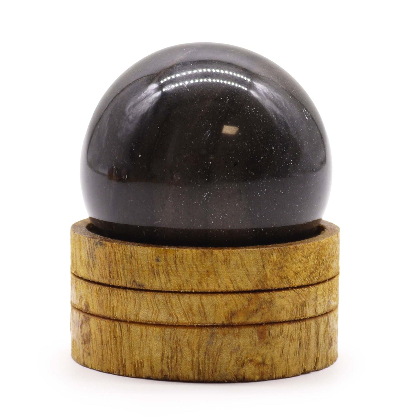 Polished 50mm ocean agate gemstone sphere featuring unique blue and beige patterns resting on a small elegant stand.