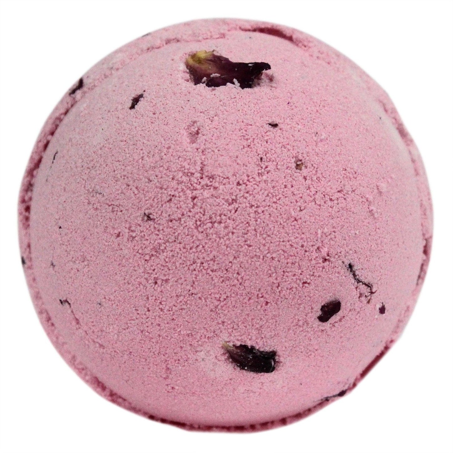 Large pink spherical bath bomb topped with delicate dried red rose petals on a white background.