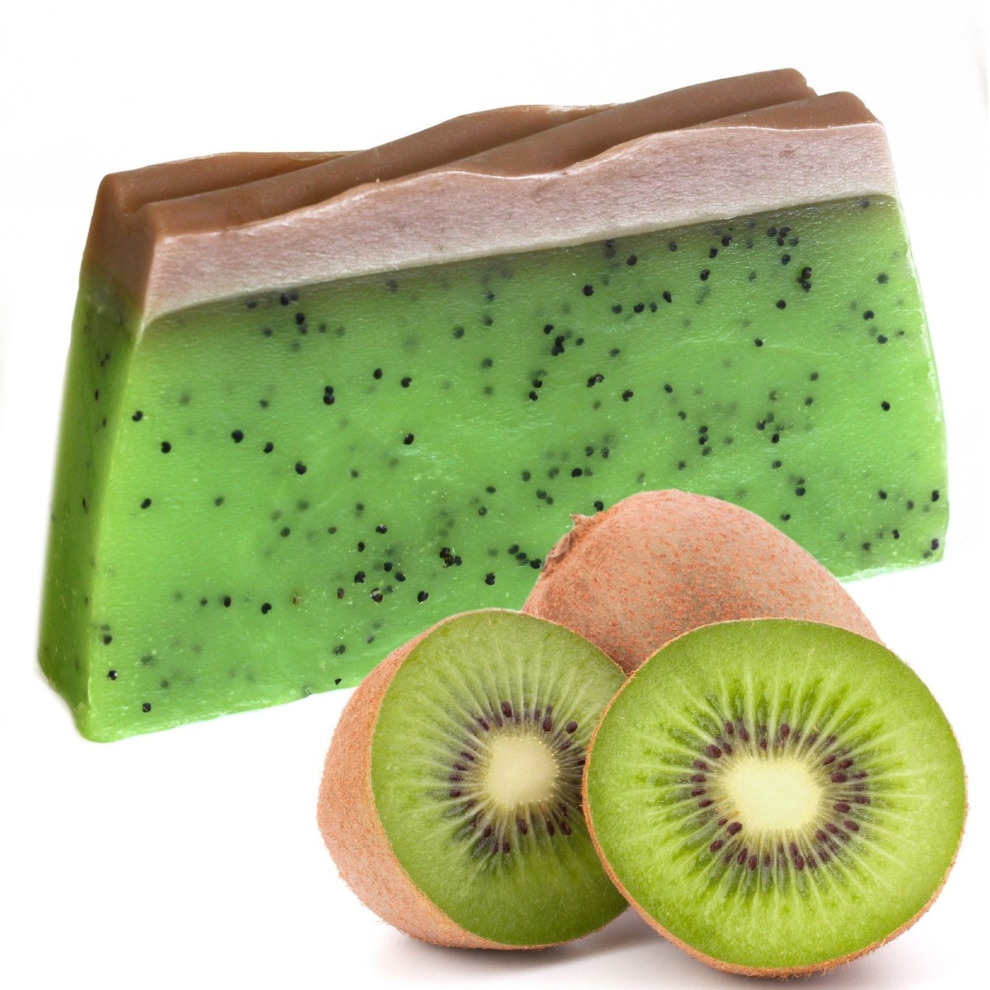 Large green handmade soap loaf with black poppy seeds throughout, showing a textured exfoliating surface.