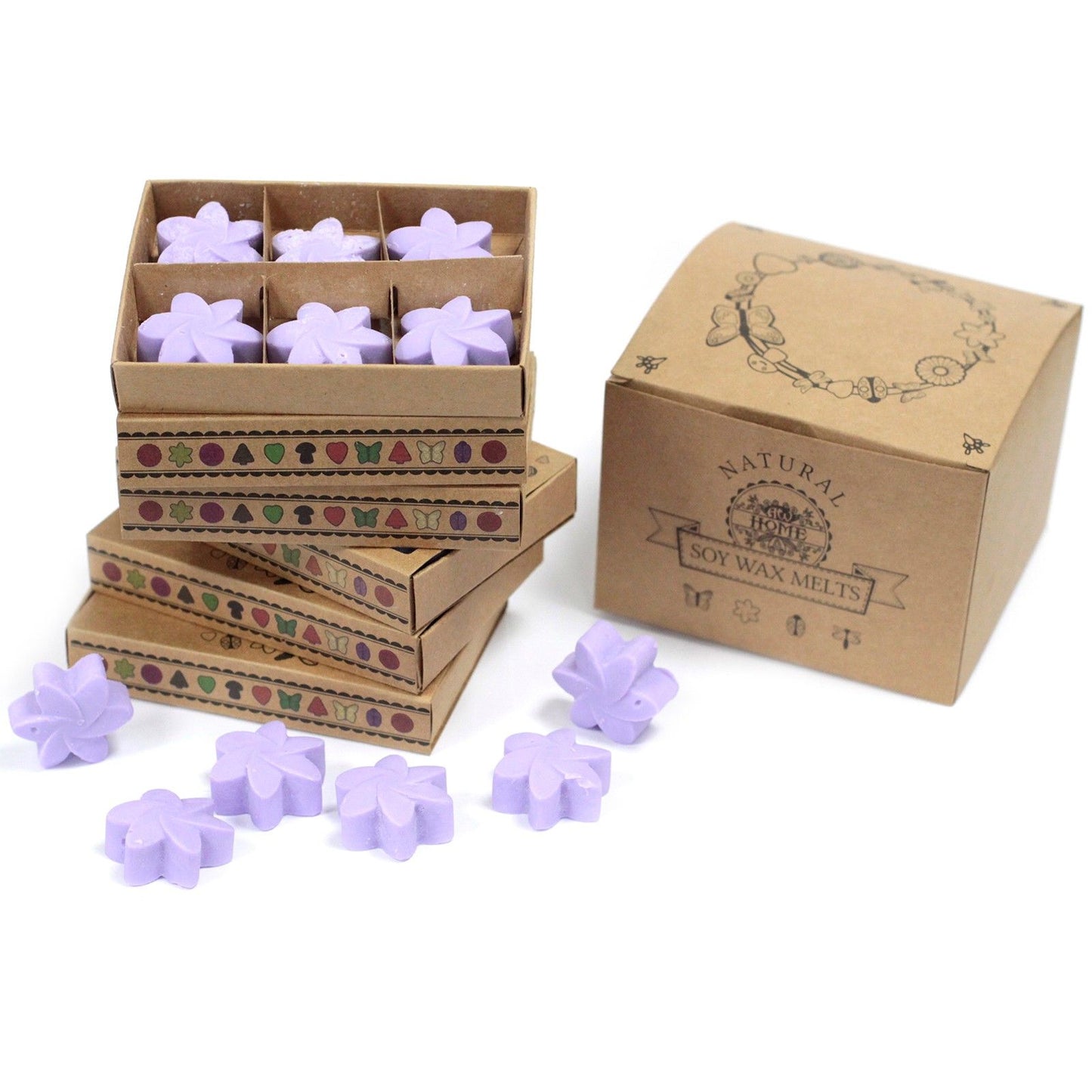 Six heart-shaped lavender-coloured soy wax melts arranged in a decorative matchbox style cardboard package.