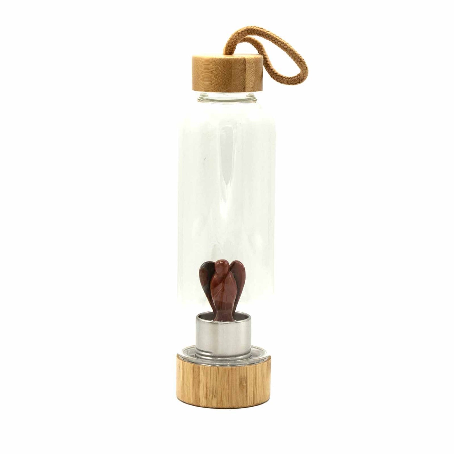 Sleek glass water bottle featuring a red jasper crystal inside and a white angel wing design on the exterior.