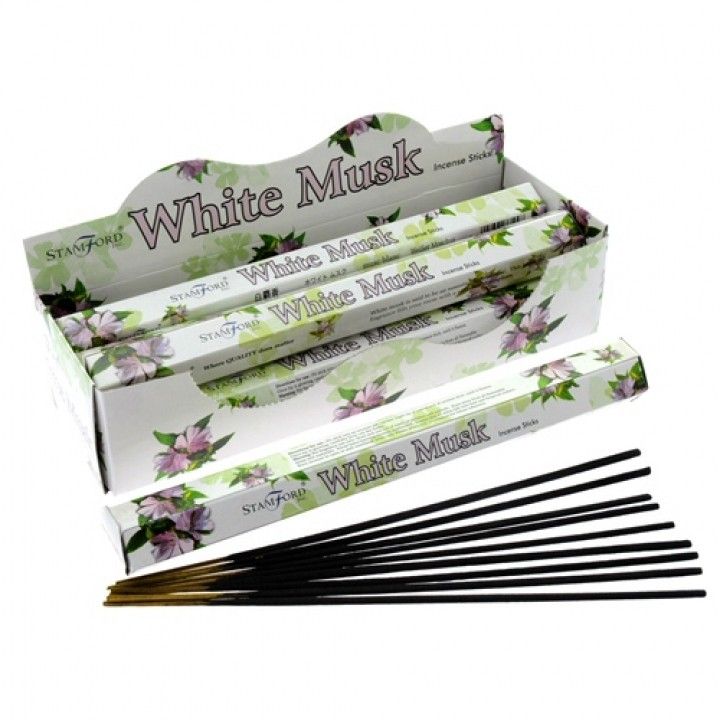 Hexagonal box and white musk incense sticks with a light, powdery fragrance for home relaxation.