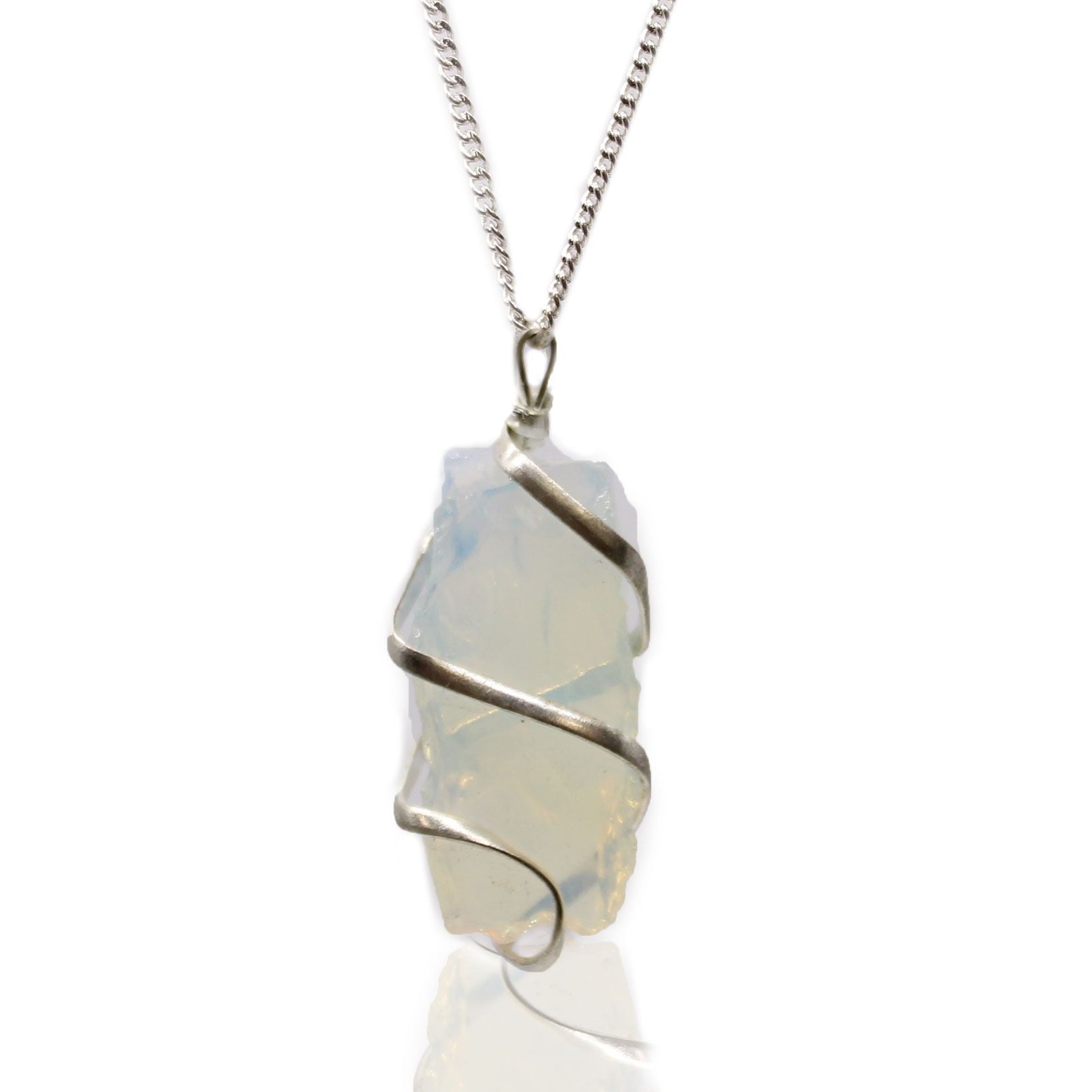 A small rough opalite gemstone with a milky-white iridescent glow, delicately wrapped in a silver-toned wire cascade style.