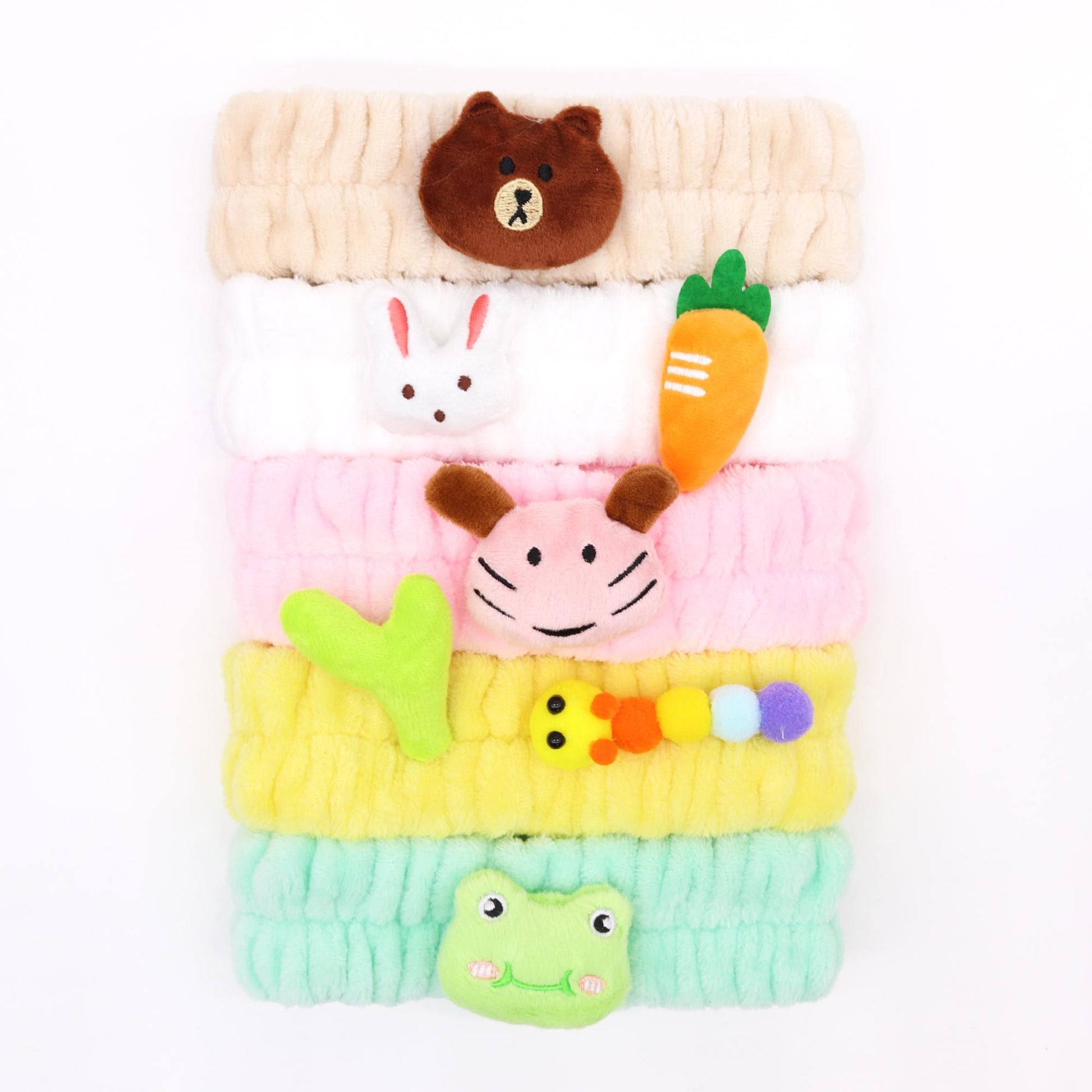 Set of five soft flannel makeup headbands featuring various cute animal ear designs in assorted colours.