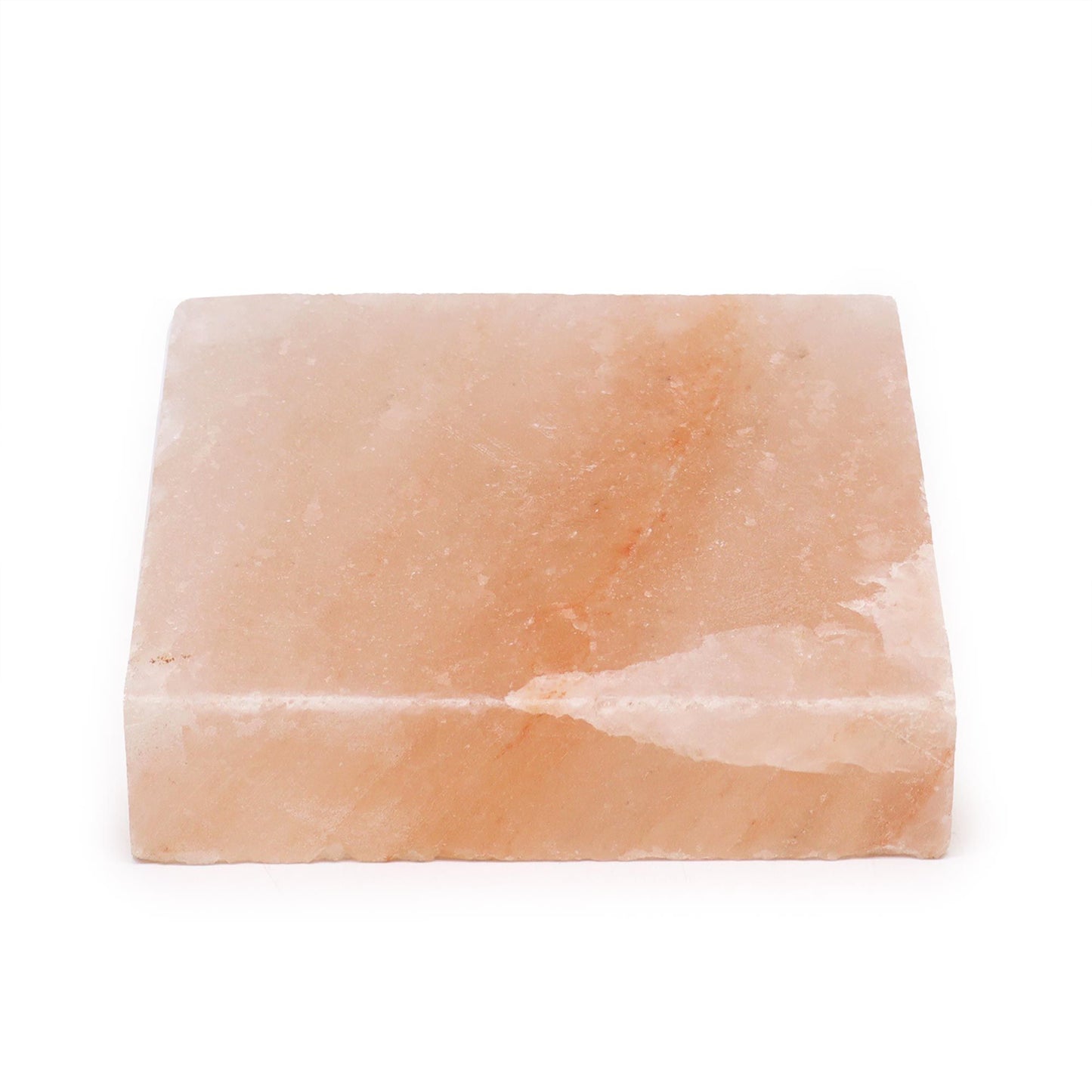 A thick, square slab of natural pink Himalayan salt with a textured crystalline surface and marbled rose hues.