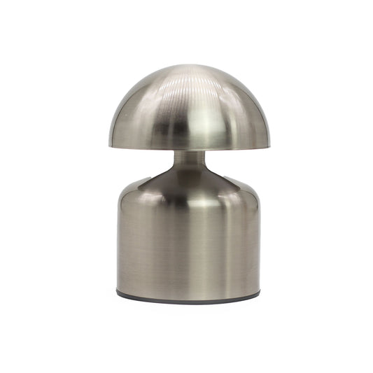 Minimalist silver dome mushroom touch lamp with a sleek metallic finish and rounded dome shape.