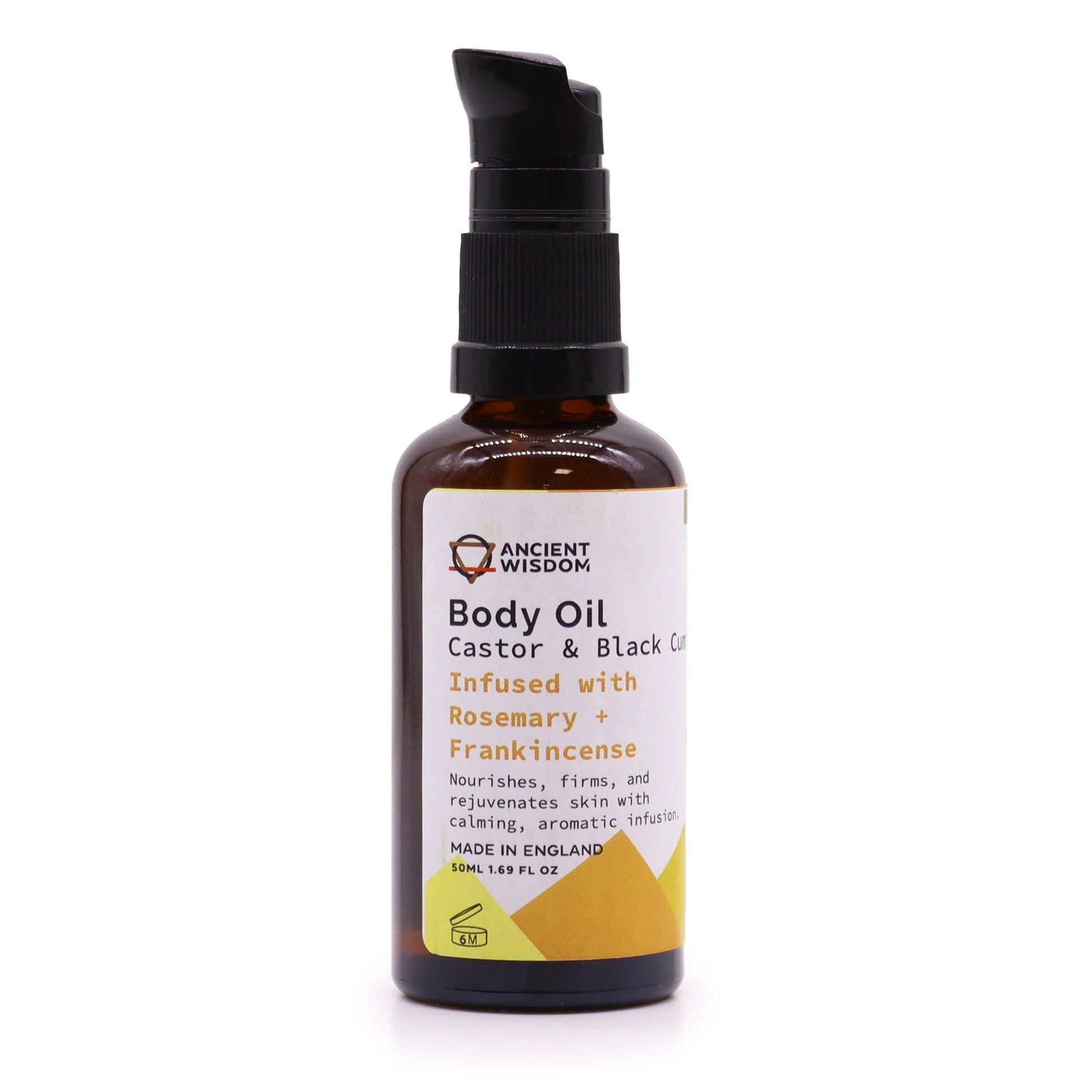 Clear 50ml glass bottle of organic body oil with a minimalist label on a neutral background.