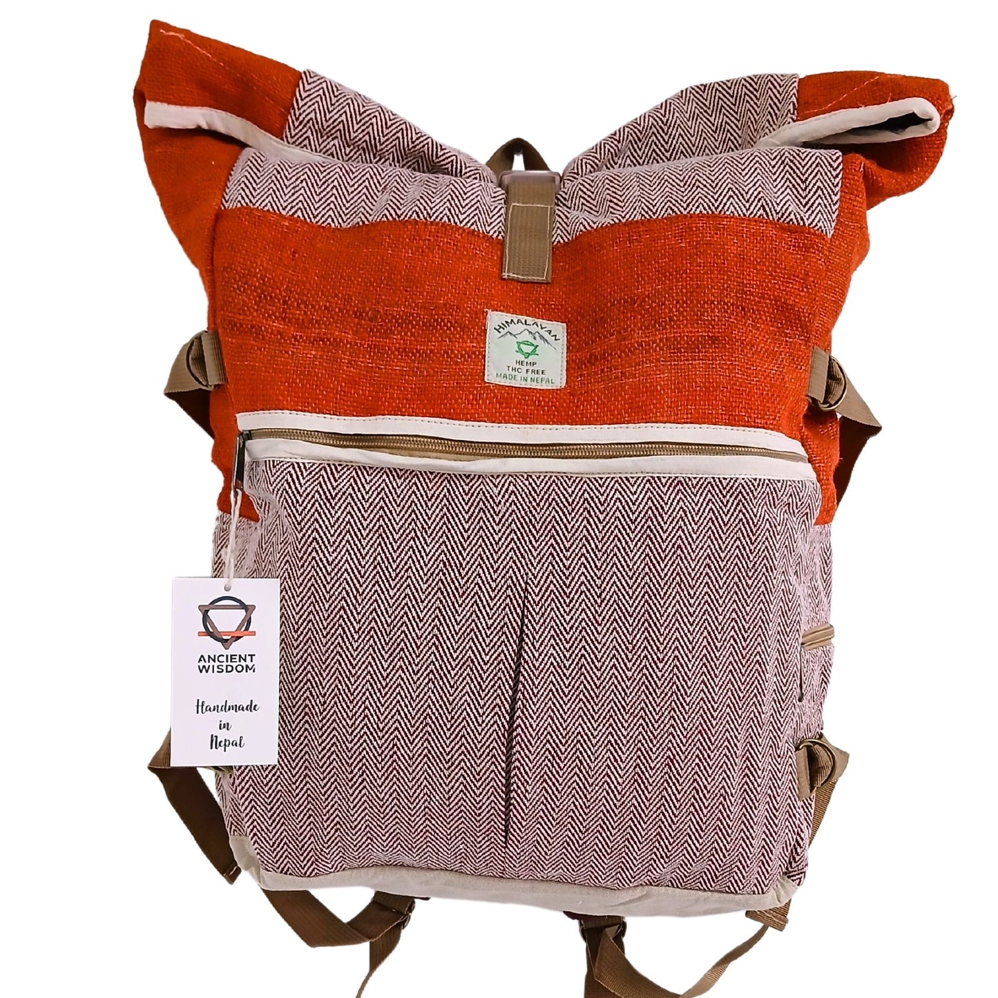 Eco-friendly sunset orange hemp trekking backpack with wheels and a telescopic handle for easy travel.