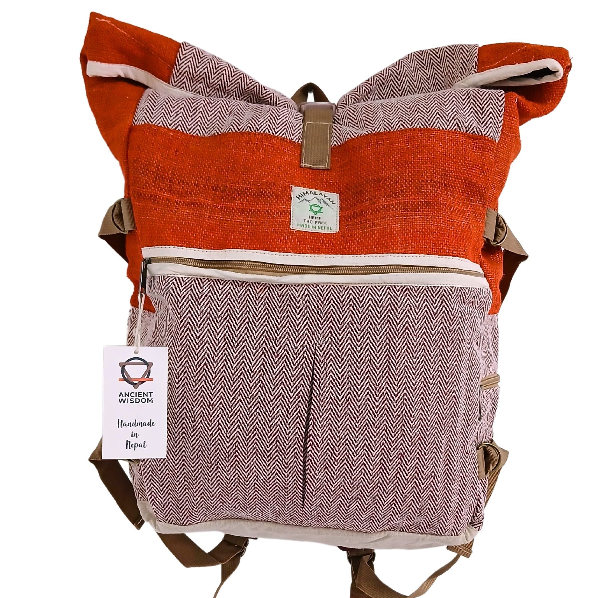 Eco-friendly sunset orange hemp trekking backpack with wheels and a telescopic handle for easy travel.