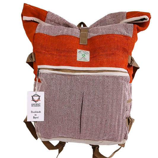 Eco-friendly sunset orange hemp trekking backpack with wheels and a telescopic handle for easy travel.