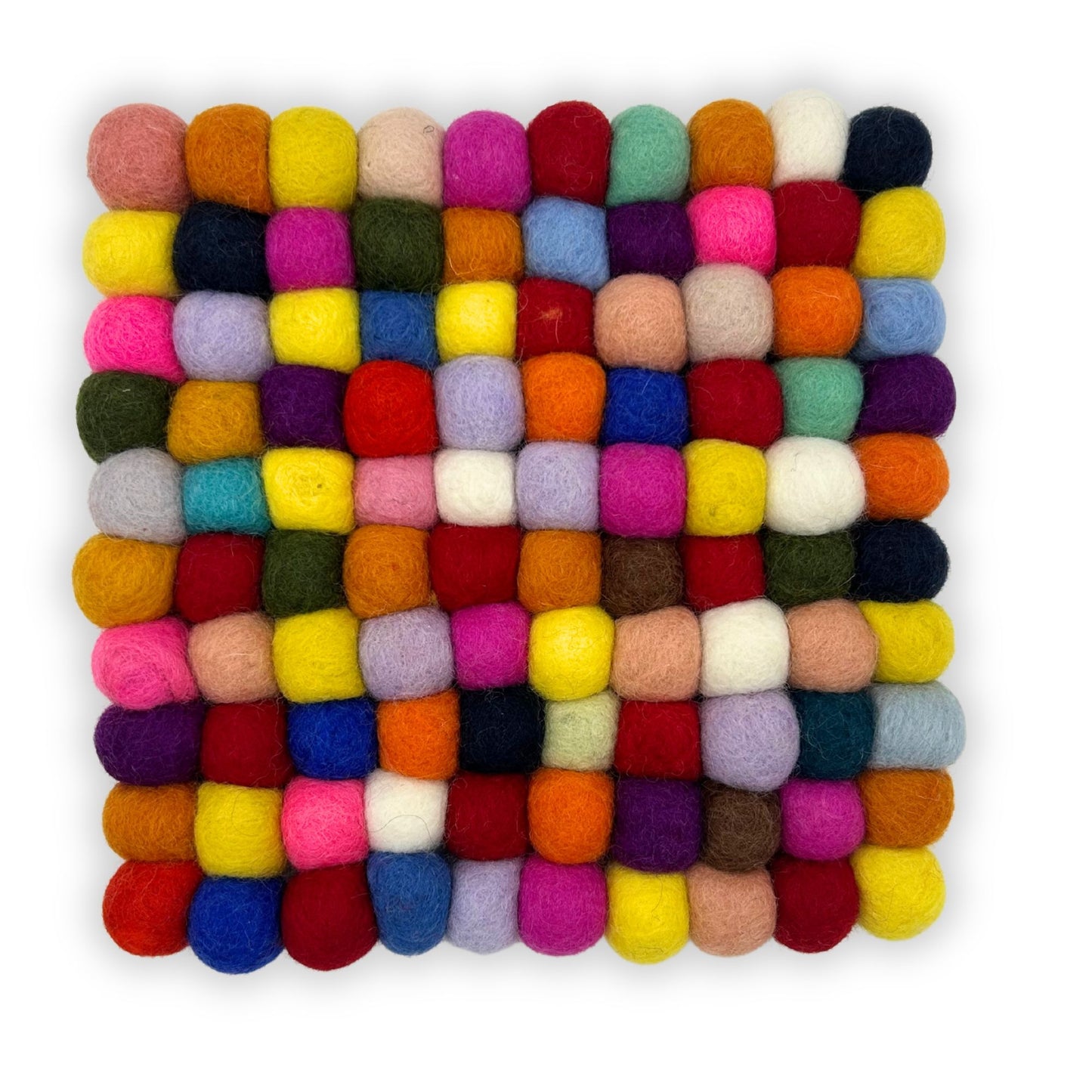 Square placemat made of numerous small, colourful felt balls stitched together in a vibrant rainbow pattern.
