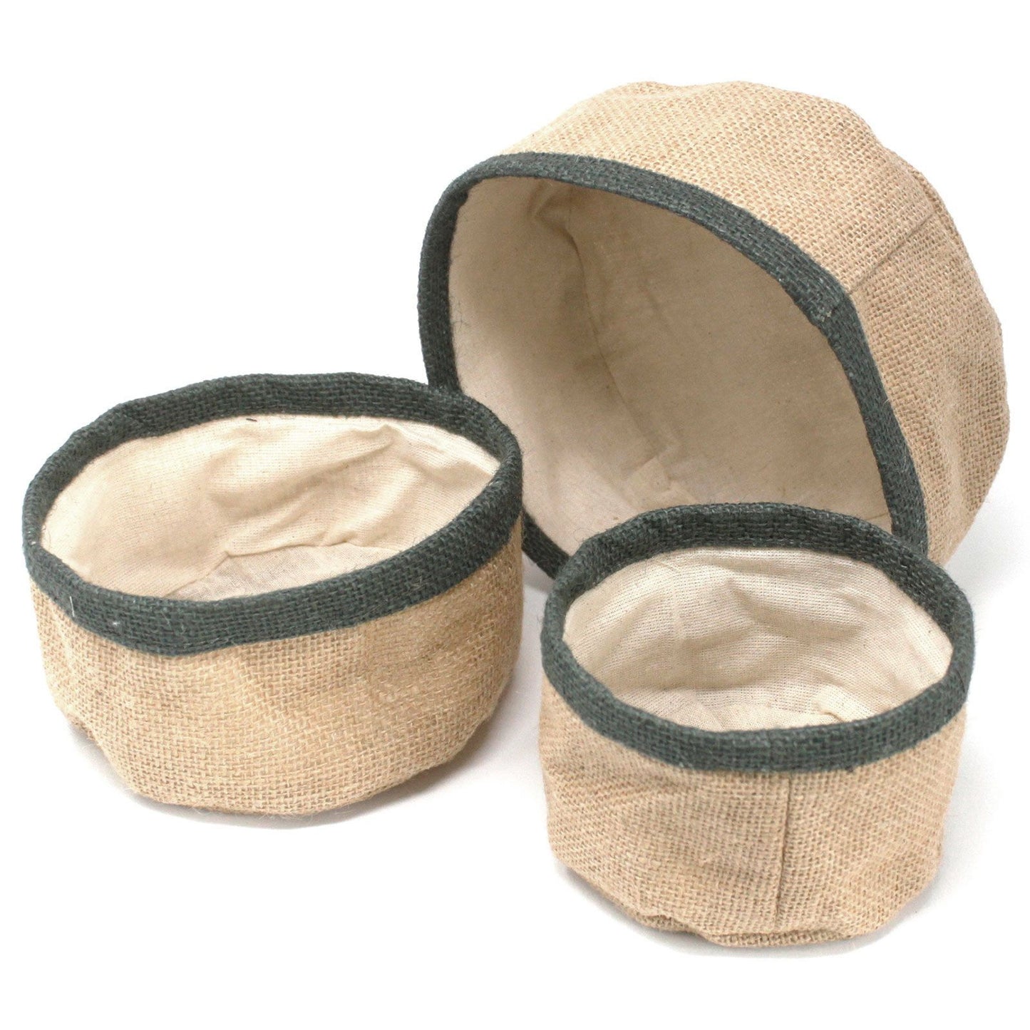 Set of three nesting charcoal grey natural jute baskets with soft cotton lining and eco-friendly texture.