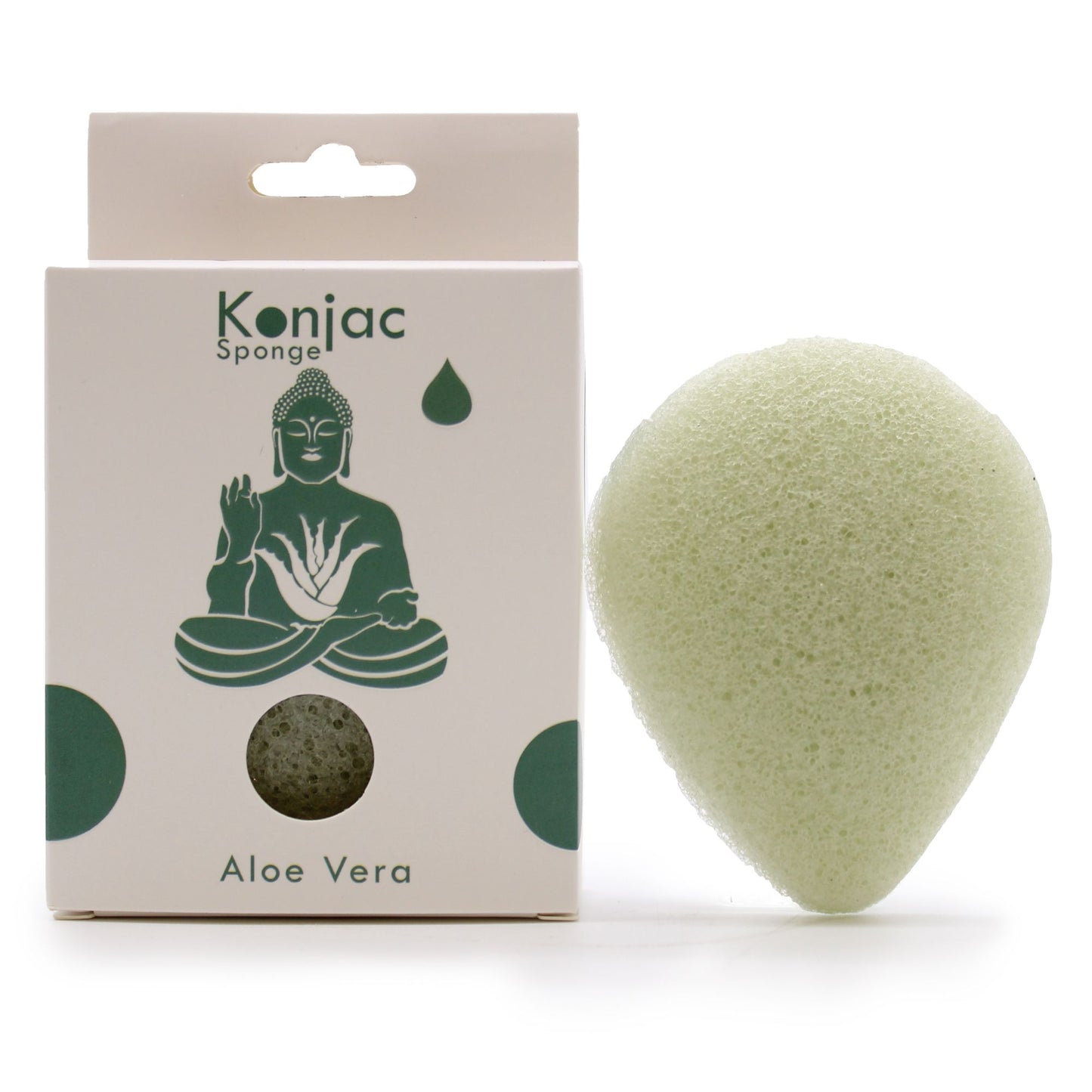Teardrop-shaped natural konjac sponge infused with aloe vera, featuring a soft porous texture and hanging string.