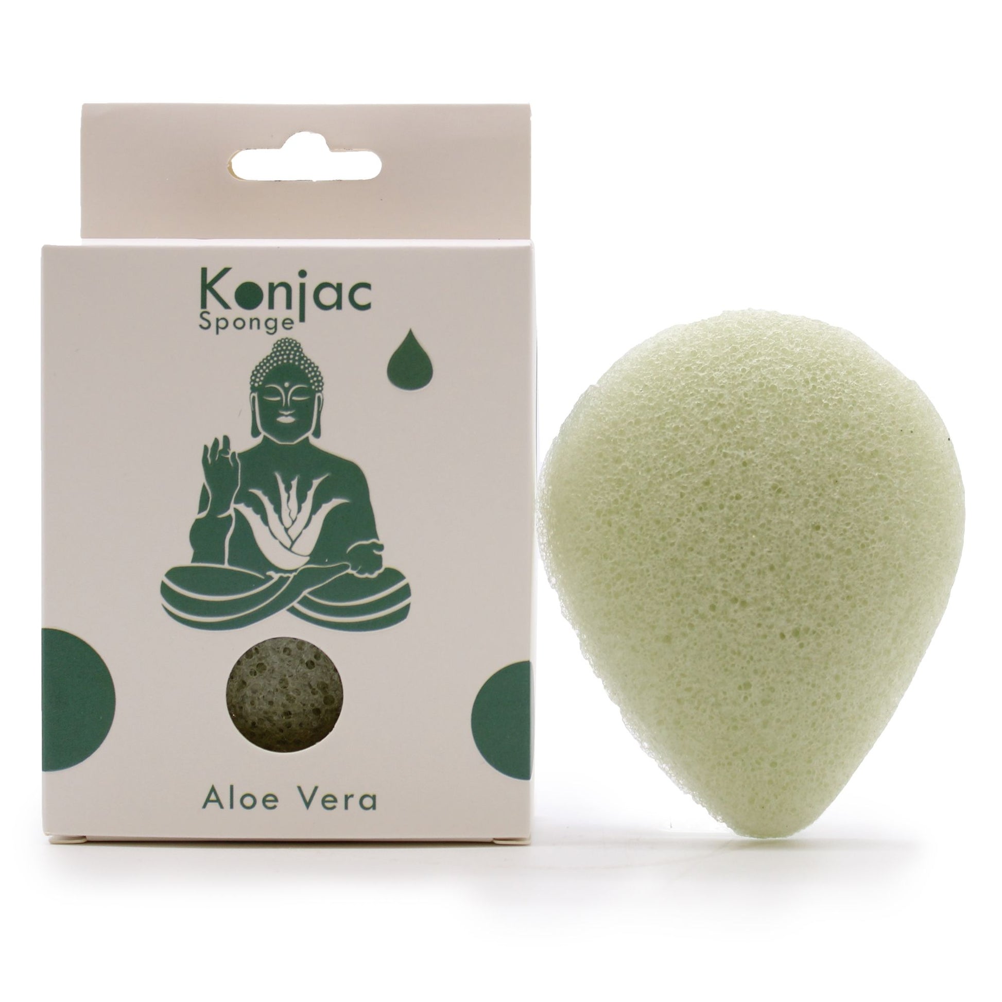 Teardrop-shaped natural konjac sponge infused with aloe vera, featuring a soft porous texture and hanging string.