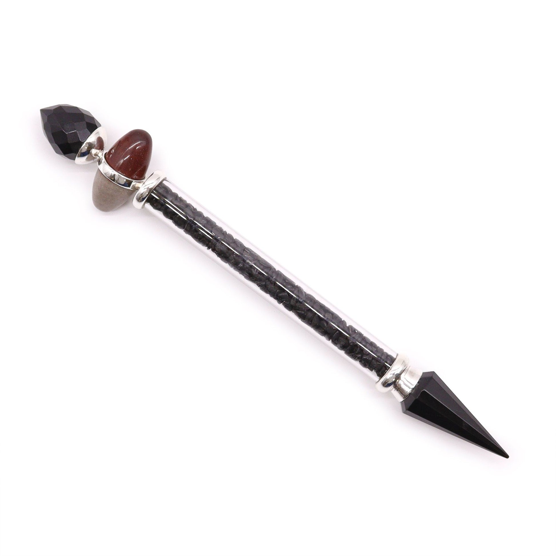 Handcrafted Shiva Lingam magic wand featuring a smooth egg-shaped stone with black tourmaline and agate accents.