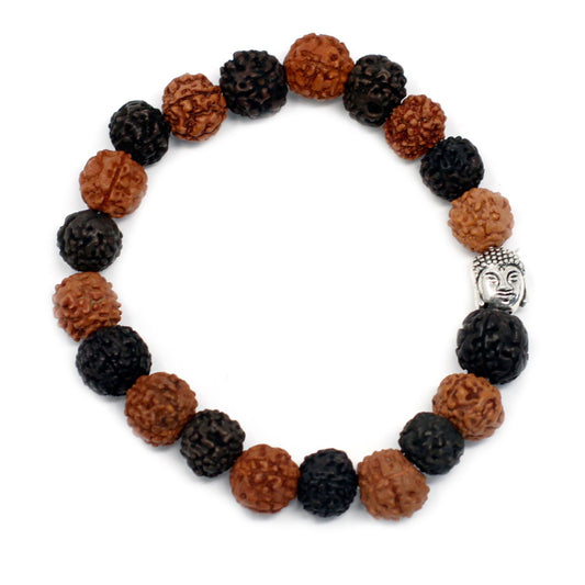 Stretch bangle mala featuring textured brown Rudraksha beads and a small silver-toned Buddha head charm.